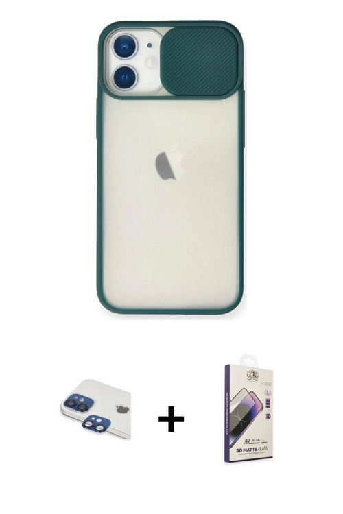 ieg™ iPhone 11 Kılıf Vadi Çizgi - Siyah Bilvis 3D Mat Cam Ekran Koruyucu + Lacivert Pers Alüminyum K