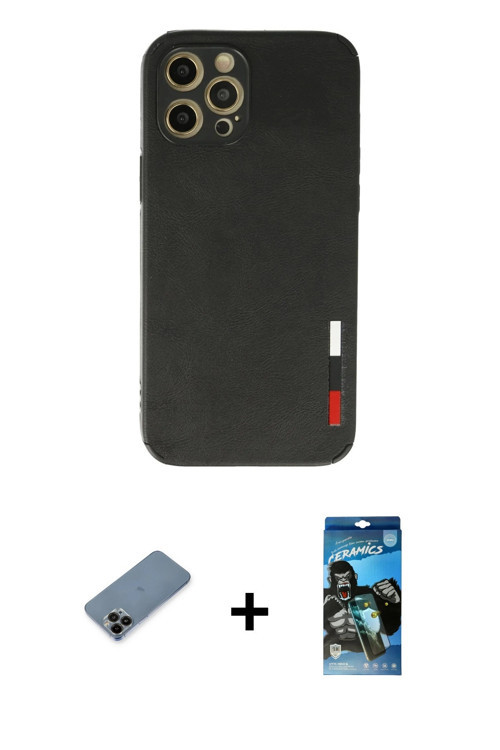 ieg™ iPhone 12 Pro Max Kılıf Doruk Asil Koleksiyonu - Siyah 34D Izgaralı Cam + Siyah Shine Kamera Le