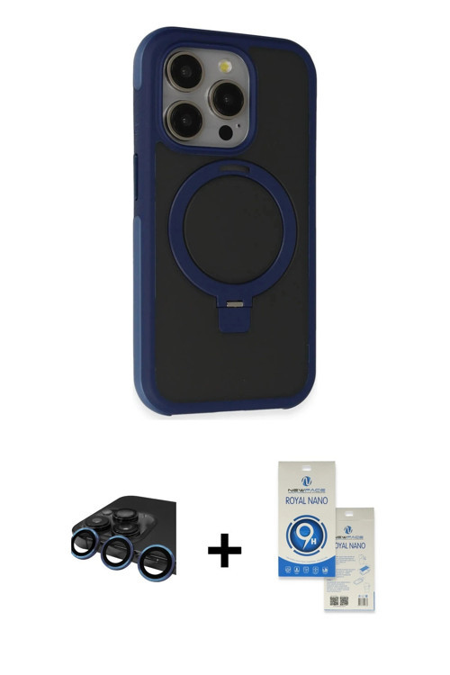 ieg™ iPhone 15 Pro Kılıf Ahenk Yansıma Özel Seri - Şeffaf Royal Nano Ekran Koruyucu + Lacivert Raze