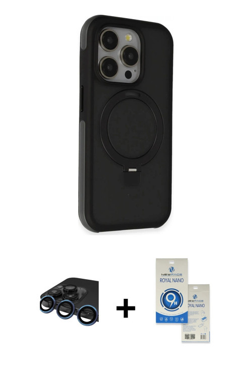 ieg™ iPhone 15 Pro Kılıf Ahenk Yansıma Özel Seri - Şeffaf Royal Nano Ekran Koruyucu + Lacivert Raze