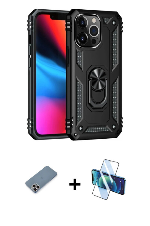 ieg™ iPhone 13 Pro Max Kılıf Ahenk Klasik Koleksiyonu - Siyah 3D Antistatik Cam Ekran Koruyucu + Mor