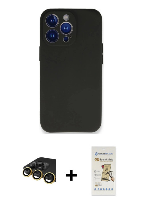 ieg™ iPhone 14 Pro Kılıf Kozmos Yansıma Özel Seri - Siyah Mat Seramik Nano Ekran Koruyucu + Gold Raz