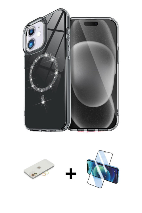 ieg™ iPhone 11 Kılıf Kıvılcım Form Prime - Siyah 3D Antistatik Cam Ekran Koruyucu + Sarı Renkli Kame