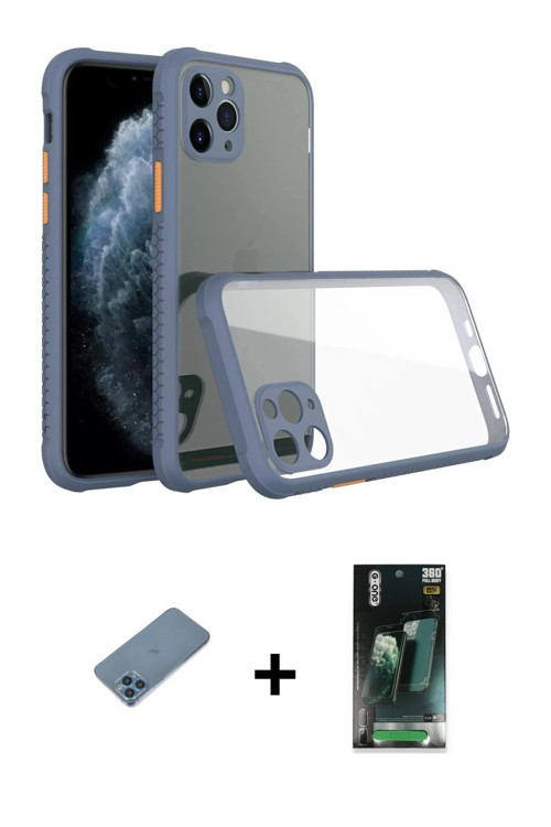 ieg™ iPhone 11 Pro Kılıf Nova Asil Özel Seri - Şeffaf 360 Full Body Arka Koruyucu + Mavi Shine Kamer