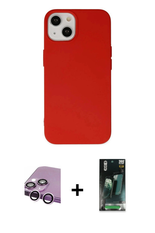 ieg™ iPhone 14 Kılıf Ahenk Serisi - Şeffaf 360 Full Body Arka Koruyucu + Mor Raze Metal Kamera Lens