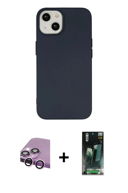 ieg™ iPhone 14 Kılıf Ahenk Serisi - Şeffaf 360 Full Body Arka Koruyucu + Mor Raze Metal Kamera Lens