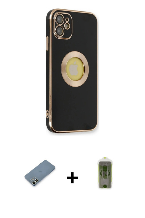 ieg™ iPhone 12 Kılıf İz Form Serisi - Siyah Joko Magic 5D Hayalet Cam + Açık Yeşil Metal Kamera Lens