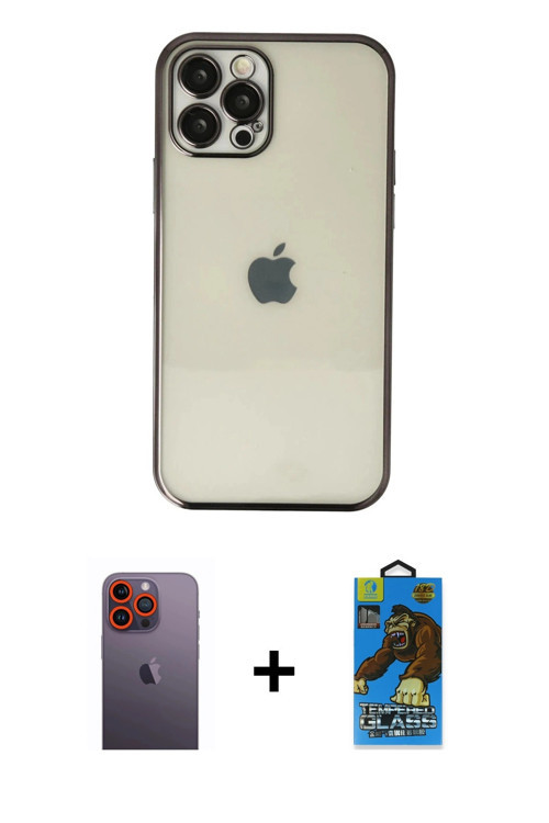 ieg™ iPhone 12 Pro Max Kılıf Vadi Minimal - Siyah 18D Cam Ekran Koruyucu + Turuncu Neon Fosforlu Kam