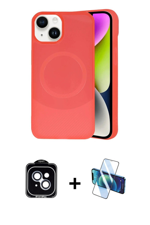 ieg™ iPhone 14 Kılıf Ufuk Serisi - Siyah 3D Antistatik Cam Ekran Koruyucu + Mavi PVD Metal Kamera Le
