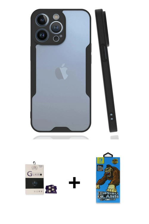 ieg™ iPhone 14 Pro Max Kılıf Atlas Asil Serisi - Siyah 18D Cam Ekran Koruyucu + Gold Bilvis Titan Ka