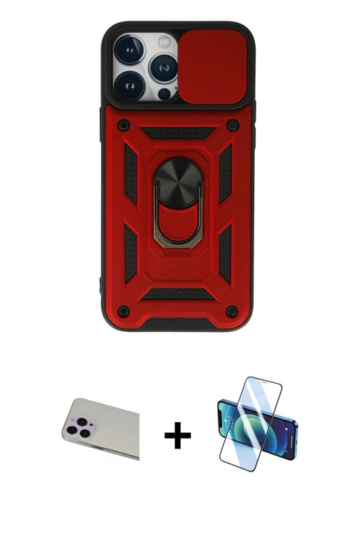 ieg™ iPhone 13 Pro Max Kılıf Ahenk Klasik - Siyah 3D Antistatik Cam Ekran Koruyucu + Mor Rainbow Kam