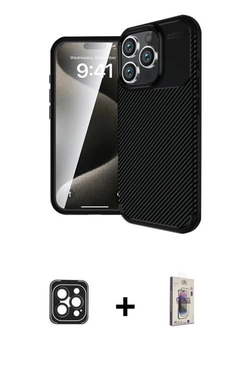ieg™ iPhone 16 Pro Max Kılıf Eksen Form Prime - Siyah Bilvis 3D Cam Ekran Koruyucu + Siyah PVD Metal