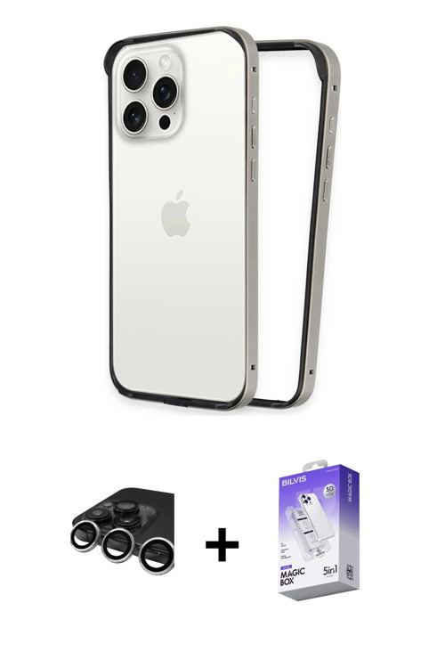 iPhone 15 Pro Max Kılıf Pusula Asil Koleksiyonu - Siyah Bilvis 5in1 3D Magic Cam Ekran Koruyucu
