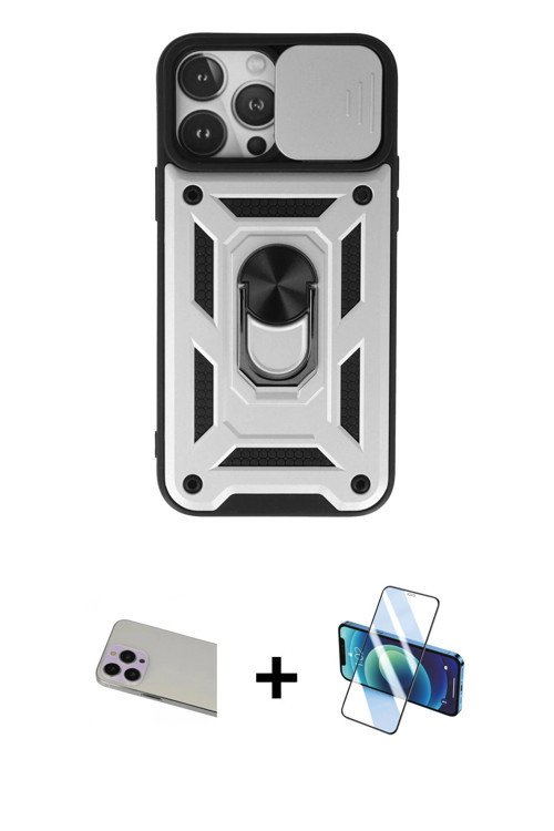 ieg™ iPhone 13 Pro Max Kılıf Ahenk Klasik - Siyah 3D Antistatik Cam Ekran Koruyucu + Mor Rainbow Kam