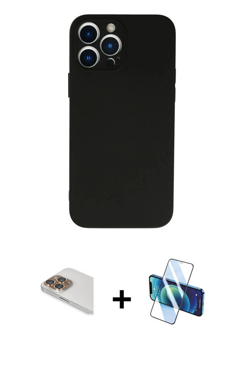 ieg™ iPhone 13 Pro Max Kılıf Ahenk Serisi - Siyah 3D Antistatik Cam Ekran Koruyucu + Gold Pers Alümi