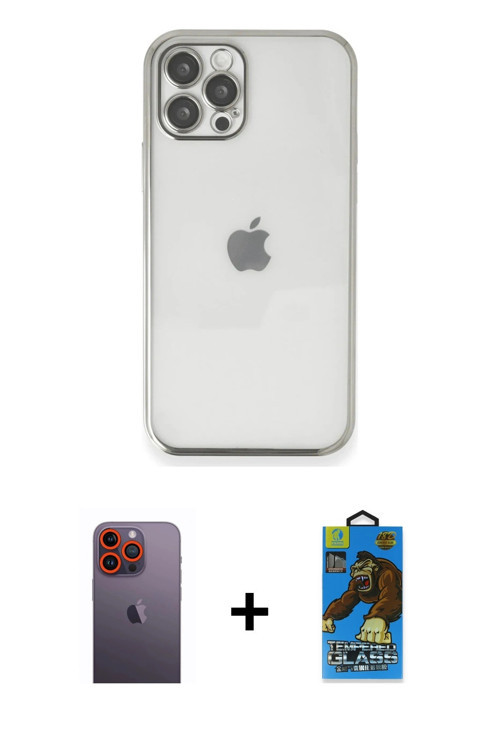 ieg™ iPhone 12 Pro Max Kılıf Vadi Minimal - Siyah 18D Cam Ekran Koruyucu + Turuncu Neon Fosforlu Kam