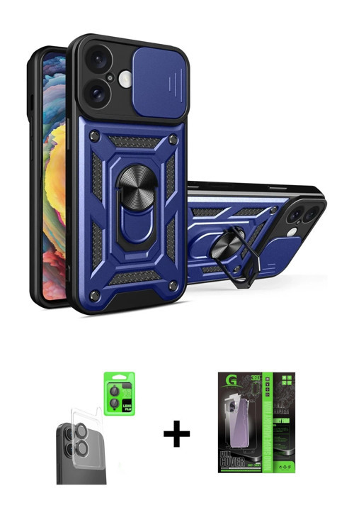 ieg™ iPhone 16 Kılıf Ahenk Klasik - Şeffaf 360 Full Body Arka Koruyucu + Siyah Raze Metal Kamera Len