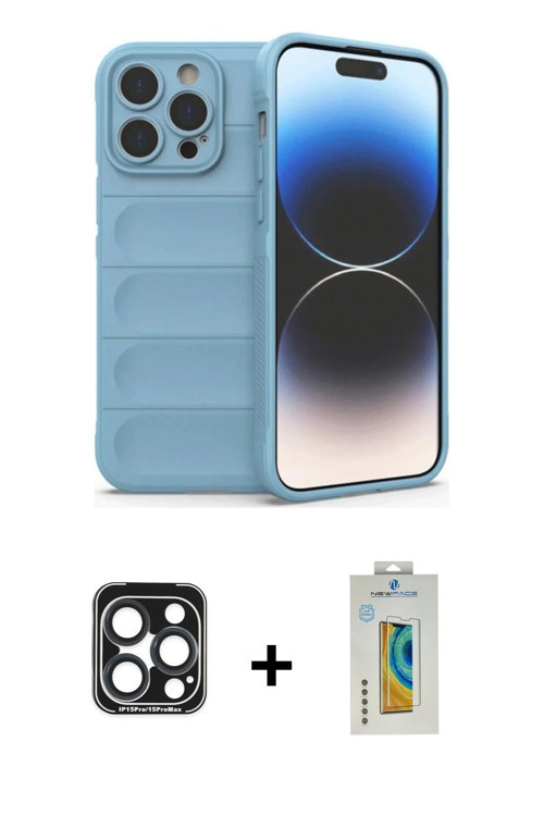 ieg™ iPhone 15 Pro Max Kılıf Atlas Koleksiyonu - Siyah Polymer Nano Ekran Koruyucu + Lacivert PVD Me