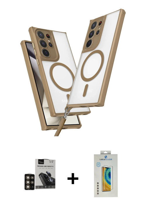ieg™ Galaxy S24 Ultra Kılıf Atlas Doku Koleksiyonu - Siyah Polymer Nano Ekran Koruyucu + Gold PVD Me