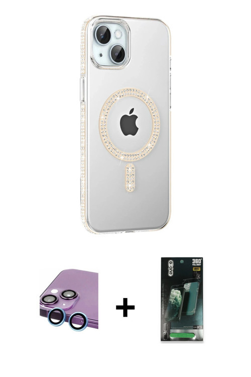 ieg™ iPhone 14 Kılıf Yörünge Koleksiyonu - Şeffaf 360 Full Body Arka Koruyucu + Mavi Raze Metal Kame