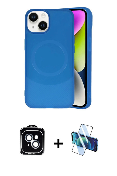ieg™ iPhone 14 Kılıf Ufuk Serisi - Siyah 3D Antistatik Cam Ekran Koruyucu + Mavi PVD Metal Kamera Le