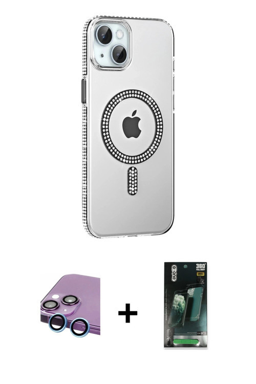 ieg™ iPhone 14 Kılıf Yörünge Koleksiyonu - Şeffaf 360 Full Body Arka Koruyucu + Mavi Raze Metal Kame
