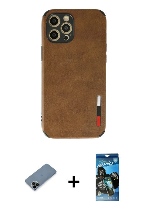 ieg™ iPhone 12 Pro Max Kılıf Doruk Asil Koleksiyonu - Siyah 34D Izgaralı Cam + Siyah Shine Kamera Le