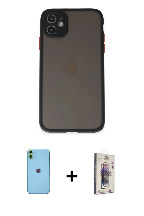 ieg™ iPhone 11 Kılıf Ahenk Çizgi Serisi - Siyah Bilvis 3D Cam Ekran Koruyucu + Yeşil Neon Fosforlu K