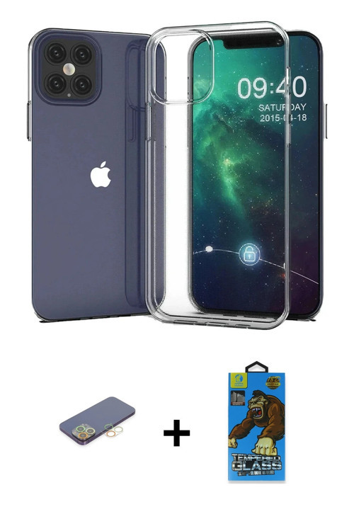 ieg™ iPhone 12 Pro Max Kılıf Zirve Doku - Siyah 18D Cam Ekran Koruyucu + Sarı Renkli Kamera Lens Kor