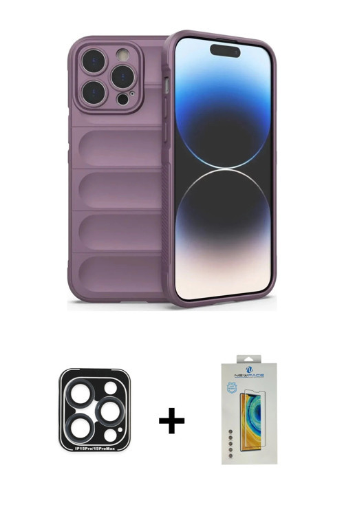 ieg™ iPhone 15 Pro Max Kılıf Atlas Koleksiyonu - Siyah Polymer Nano Ekran Koruyucu + Lacivert PVD Me