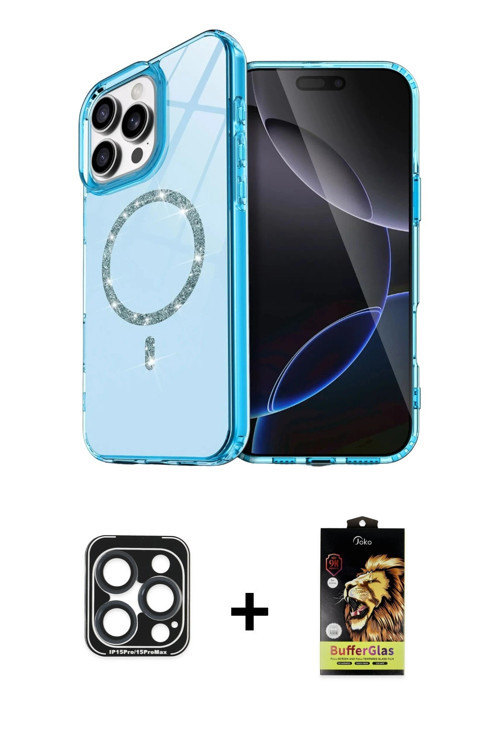 ieg™ iPhone 15 Pro Max Kılıf Kıvılcım Form Prime - Siyah Buffer Cam Ekran Koruyucu + Lacivert PVD Me