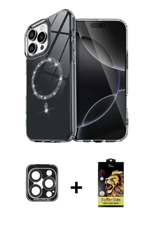 ieg™ iPhone 15 Pro Max Kılıf Kıvılcım Form Prime - Siyah Buffer Cam Ekran Koruyucu + Lacivert PVD Me