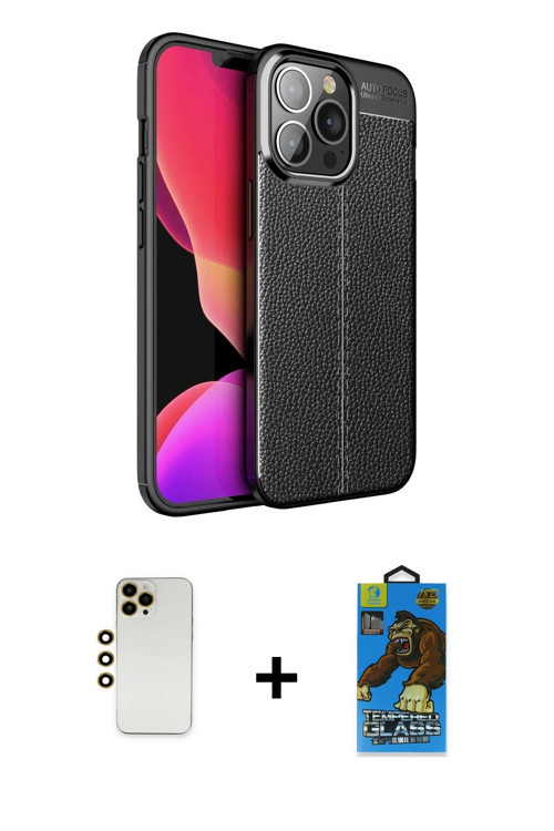 ieg™ iPhone 13 Pro Max Kılıf Doruk Klasik Özel Seri - Siyah 18D Cam Ekran Koruyucu + Gold Shine Kame