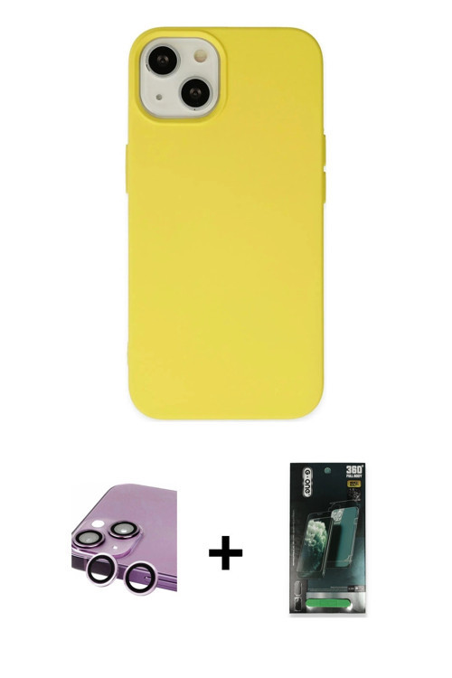 ieg™ iPhone 14 Kılıf Ahenk Serisi - Şeffaf 360 Full Body Arka Koruyucu + Mor Raze Metal Kamera Lens