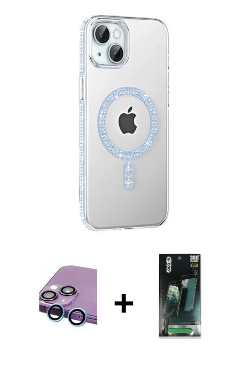 ieg™ iPhone 14 Kılıf Yörünge Koleksiyonu - Şeffaf 360 Full Body Arka Koruyucu + Mavi Raze Metal Kame