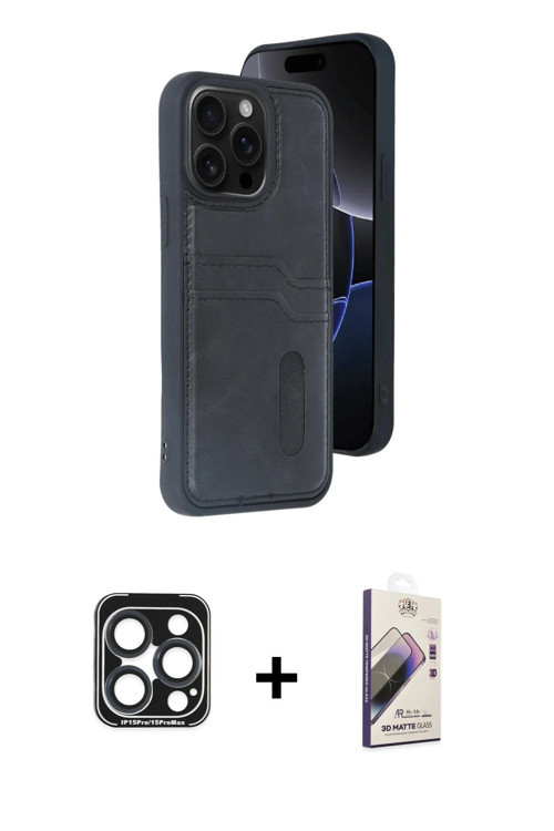 ieg™ iPhone 15 Pro Max Kılıf Yörünge Işık Serisi - Siyah Bilvis 3D Mat Cam Ekran Koruyucu + Lacivert