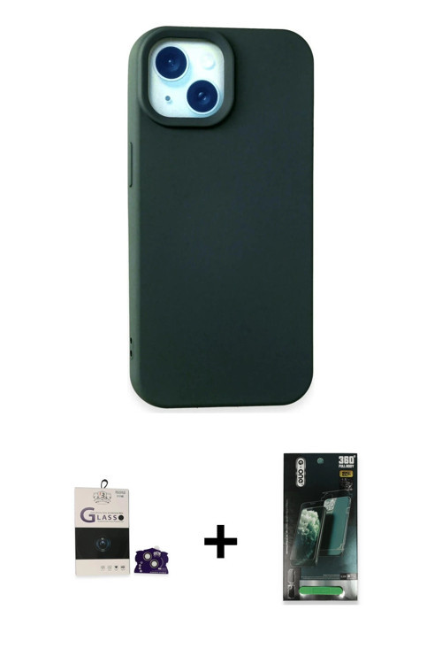ieg™ iPhone 15 Kılıf Ahenk Serisi - Siyah 360 Mat Full Body Arka Koruyucu + Pembe Bilvis Titan Kamer