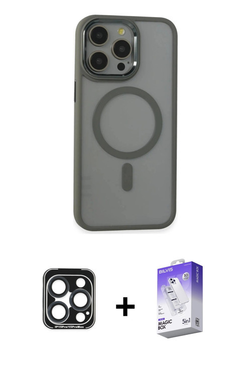 ieg™ iPhone 15 Pro Max Kılıf Yankı Işık Özel Seri - Siyah Bilvis 5in1 3D Magic Cam Ekran Koruyucu +