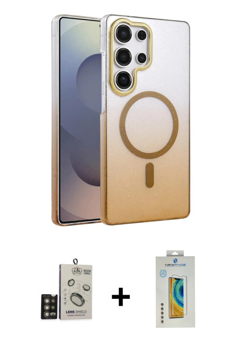 ieg™ Galaxy S24 Ultra Kılıf Ahenk Doku Özel Seri - Siyah Polymer Nano Ekran Koruyucu + Gold Bilvis T