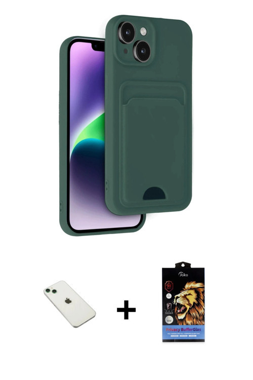 ieg™ iPhone 14 Kılıf Vadi Çizgi Prime - Siyah Buffer Hayalet Cam Ekran Koruyucu + Yeşil Diamond Kame