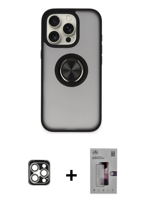 ieg™ iPhone 16 Pro Max Kılıf Yörünge Çizgi - Siyah Bilvis 3D Mat Cam Ekran Koruyucu + Gümüş PVD Meta