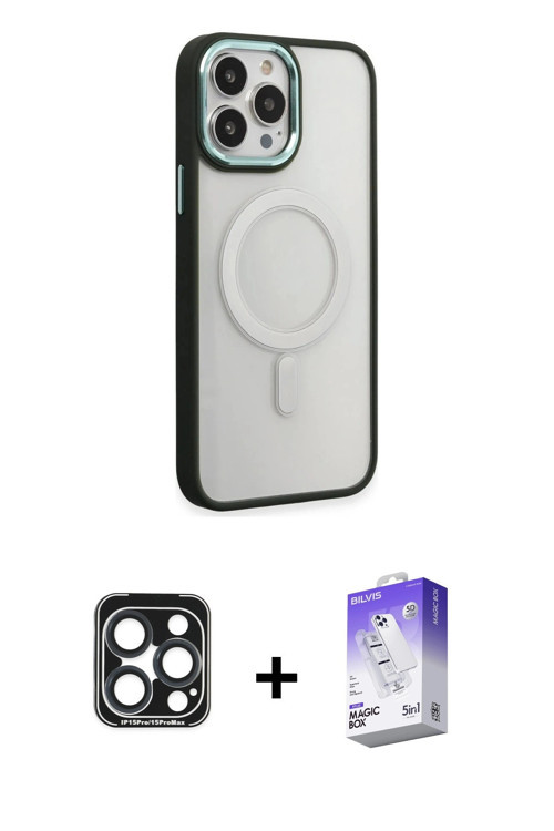 ieg™ iPhone 15 Pro Max Kılıf Yankı Işık Özel Seri - Siyah Bilvis 5in1 3D Magic Cam Ekran Koruyucu +