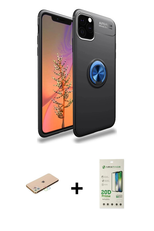 ieg™ iPhone 11 Pro Max Kılıf Yankı Form Prime - Siyah 20D Premium Cam Ekran Koruyucu + Mavi Renkli K