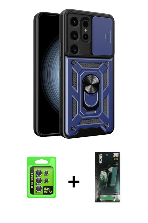 ieg™ Galaxy S24 Ultra Kılıf Ahenk Klasik - Şeffaf 360 Full Body Arka Koruyucu + Gümüş Raze Metal Kam