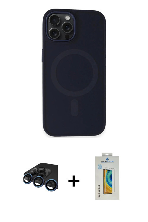 ieg™ iPhone 15 Pro Max Kılıf Kutup Serisi - Siyah Polymer Nano Ekran Koruyucu + Lacivert Raze Metal