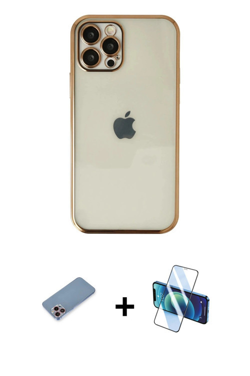ieg™ iPhone 12 Pro Max Kılıf Vadi Minimal - Siyah 3D Antistatik Cam Ekran Koruyucu + Pembe Shine Kam