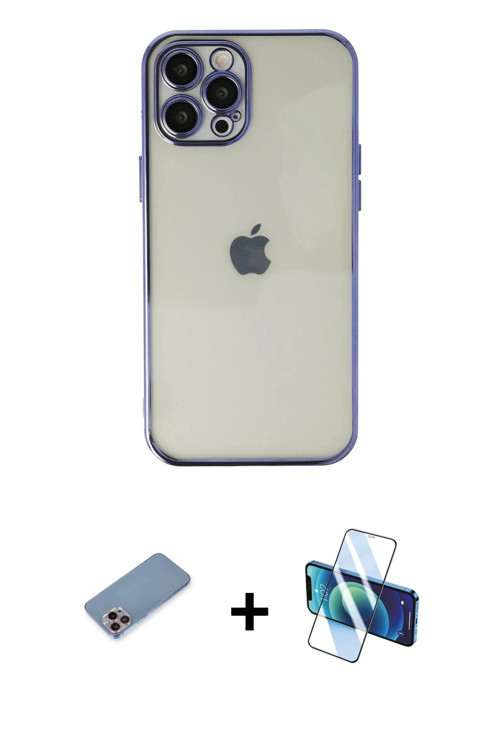 ieg™ iPhone 12 Pro Max Kılıf Vadi Minimal - Siyah 3D Antistatik Cam Ekran Koruyucu + Pembe Shine Kam