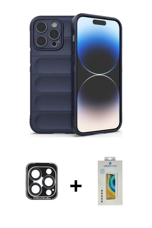 ieg™ iPhone 15 Pro Max Kılıf Atlas Koleksiyonu - Siyah Polymer Nano Ekran Koruyucu + Lacivert PVD Me