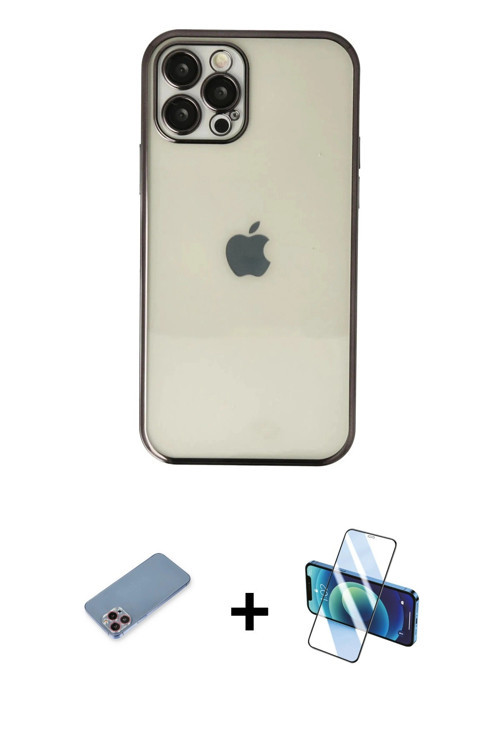 ieg™ iPhone 12 Pro Max Kılıf Vadi Minimal - Siyah 3D Antistatik Cam Ekran Koruyucu + Pembe Shine Kam