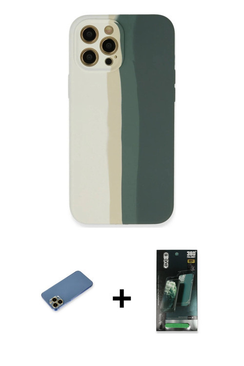 ieg™ iPhone 12 Pro Kılıf Yadigar Çizgi - Şeffaf 360 Full Body Arka Koruyucu + Gold Shine Kamera Lens